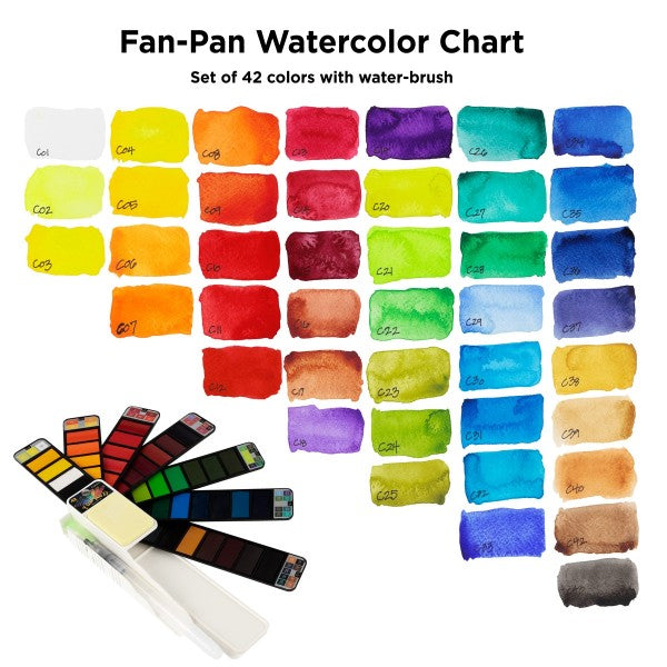 Fan-Pan Artist Watercolors Set Of 42 Colors With Water Brush