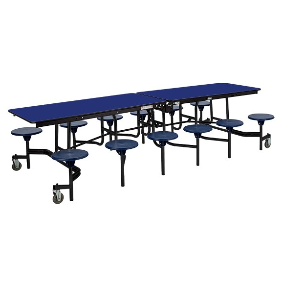 Mobile Stool Cafeteria Table w/ Particleboard Core and Powder Coat Frame – 12 Stools (30″ W x 10′ L)